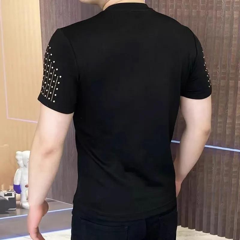 Men's Summer Round Neck Rhinestone Short Sleeve T-Shirt Youth Slim Fit Short Sleeve Pullover Top