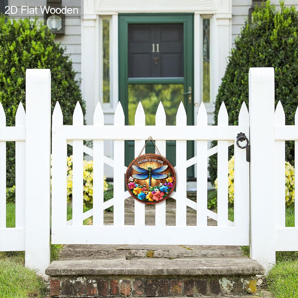 Rustic Wooden Welcome Sign with Dragonfly & Flowers Pattern - Charming Decorative Hanging Plaque for Front Door, Wall Decor