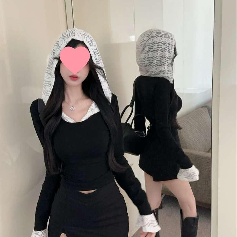 Spicy Girl Lace Patchwork Hooded T-shirt - Slim Fit Long Sleeve Top for Spring and Autumn
