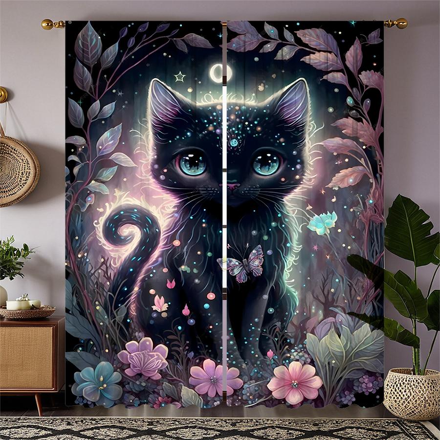 Set Of 2 Cute Cat Printed Curtains Pole Bag Bedroom Living Room Decoration Home Curtain Polyester Perfect For Great
