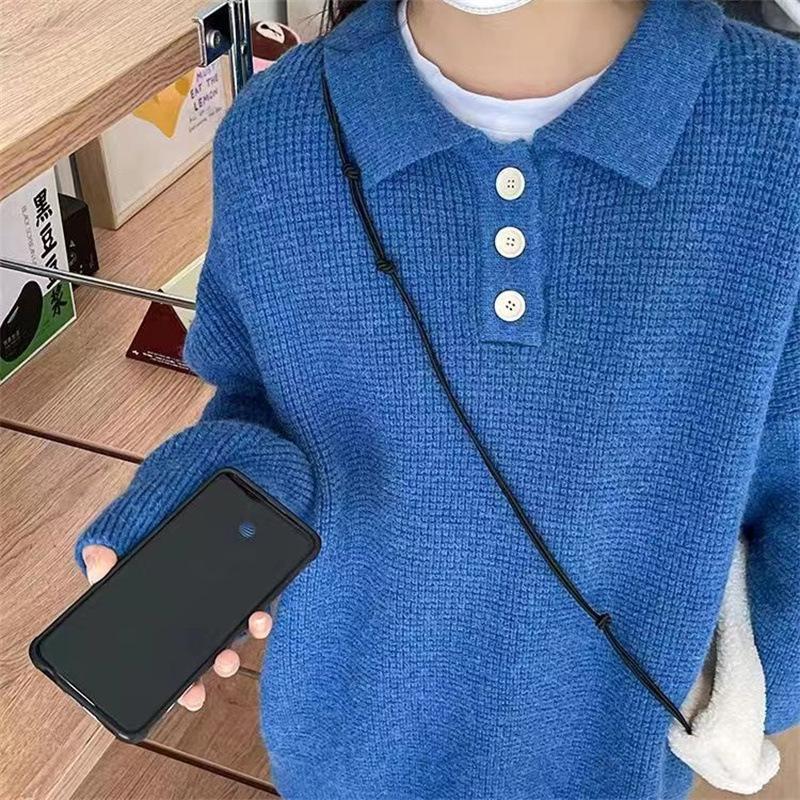 

French single-breasted lapel neck long-sleeved knitted sweater for women s spring casual simple design sense polo neck pullover sweater for women 49-75 (average size) синій