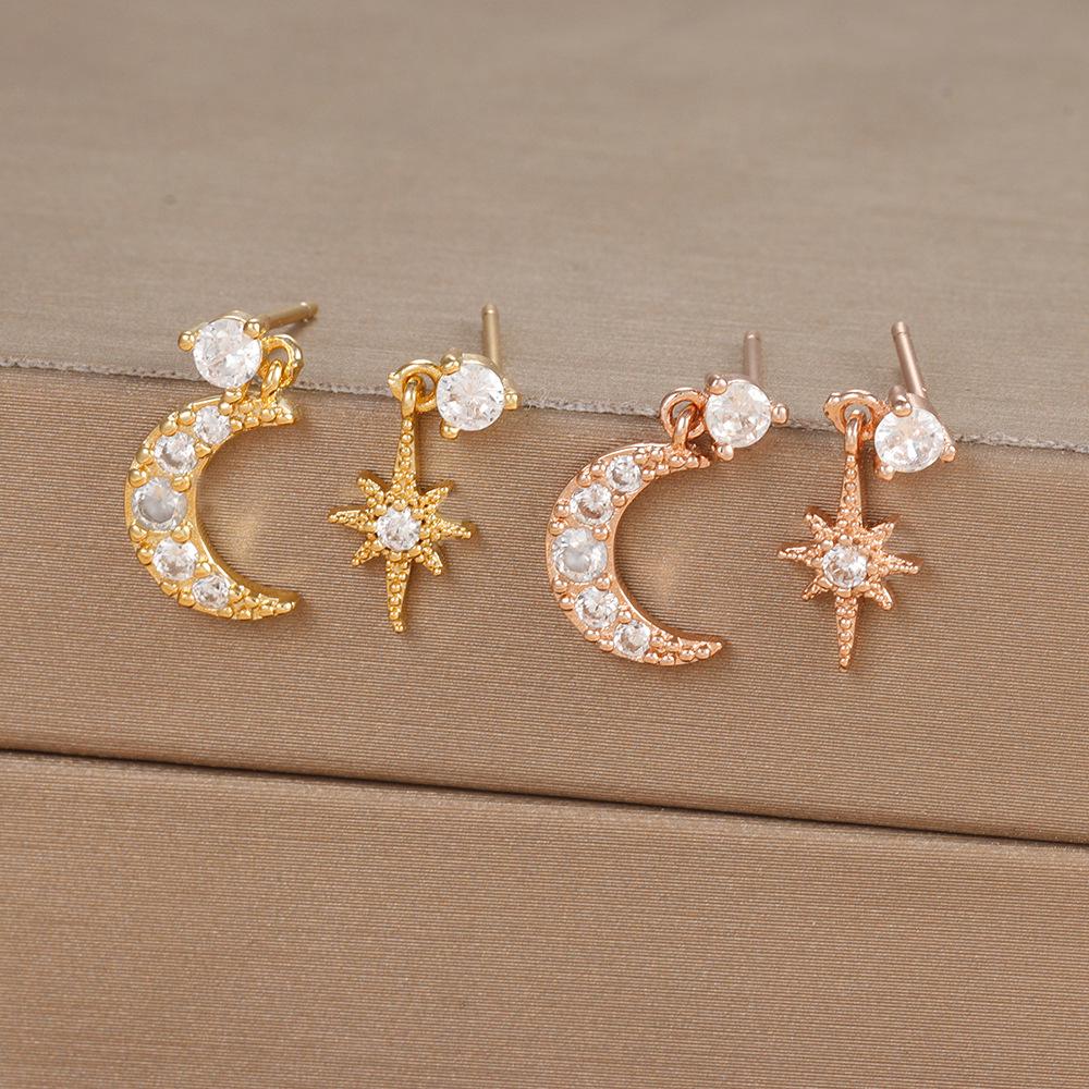 18K Gold-Plated Zircon Stud Earrings: Asymmetrical Star & Moon Design with S925 Silver Needle