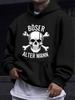 BOSER ALTER MANN" Skull and Crossbones Print Hooded Sweatshirt, Dark Street Style, Bold Personality, Creating a Hardcore Vintage Trendy Look