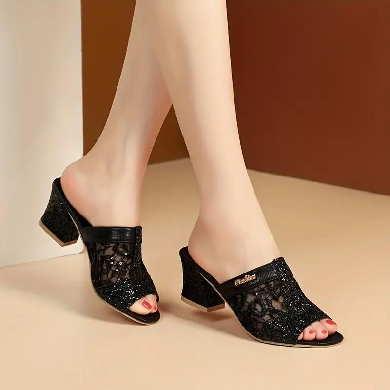 Women's Chunky Heel Sandals with Breathable Mesh Glitter Sequins Perfect for Fashionable Open Toe Carnival Pumps