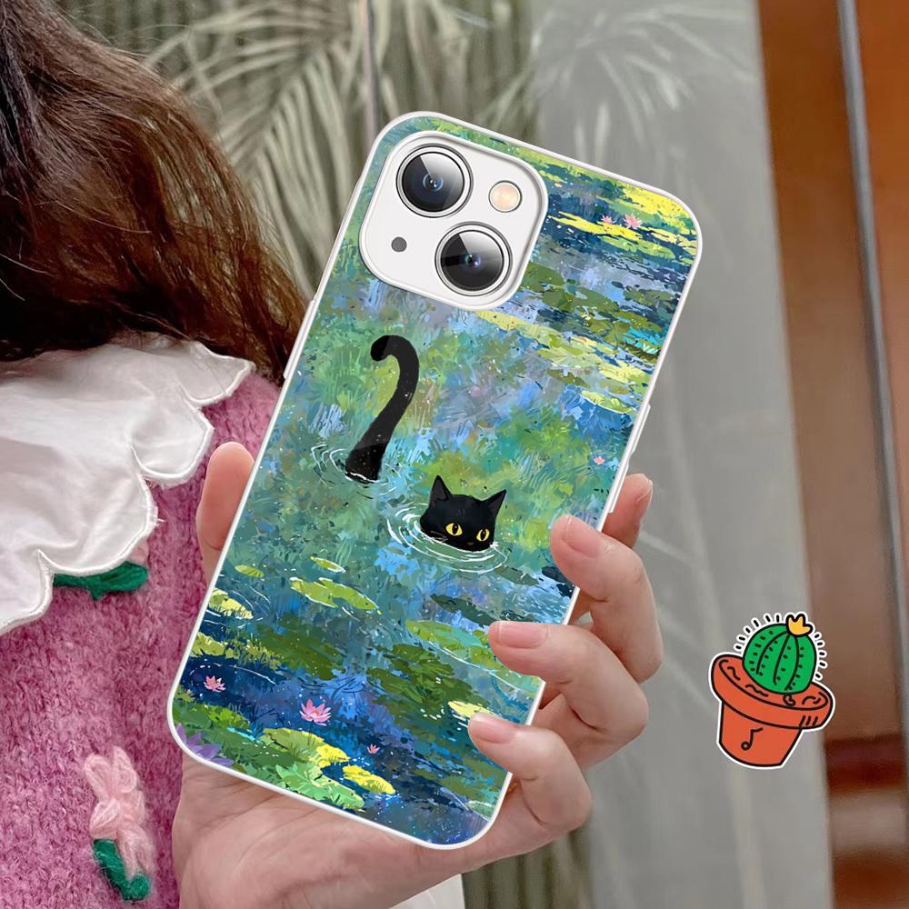 Cartoon Animal Black Cat Oil Painting Phone Case Tempered Glass For Iphone 14 13 12 11 Pro Mini XS MAX 14Plus X XS XR Fundas