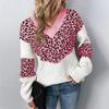 Women's  Solid Color Patchwork Leopard Print Long Sleeve Pullover Women's Knit Sweater