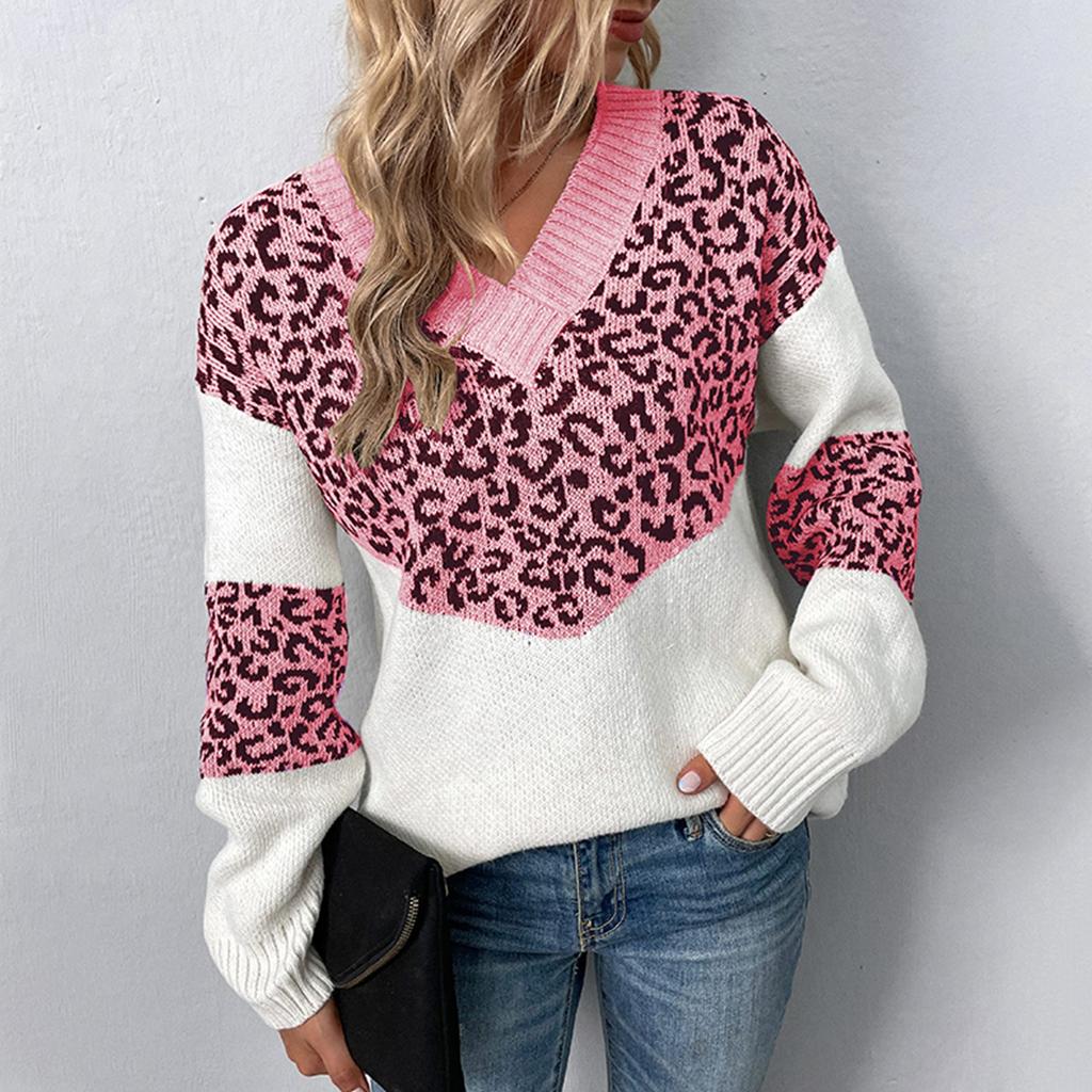 Women's  Solid Color Patchwork Leopard Print Long Sleeve Pullover Women's Knit Sweater