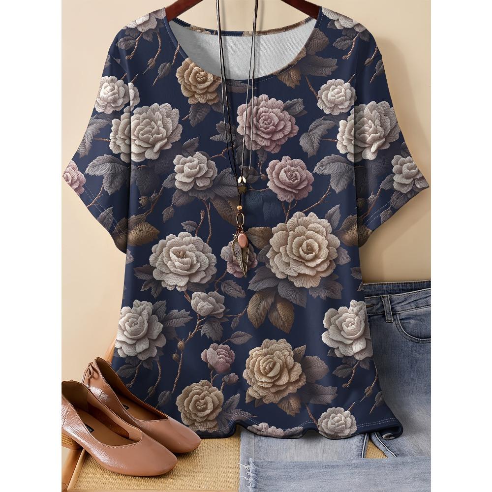 Summer Women Pattern Splicing Flower 3D Printed Short Sleeved T-shirt Fashionable Comfortable Soft Breathable Large Loose Retro Style T-shirt