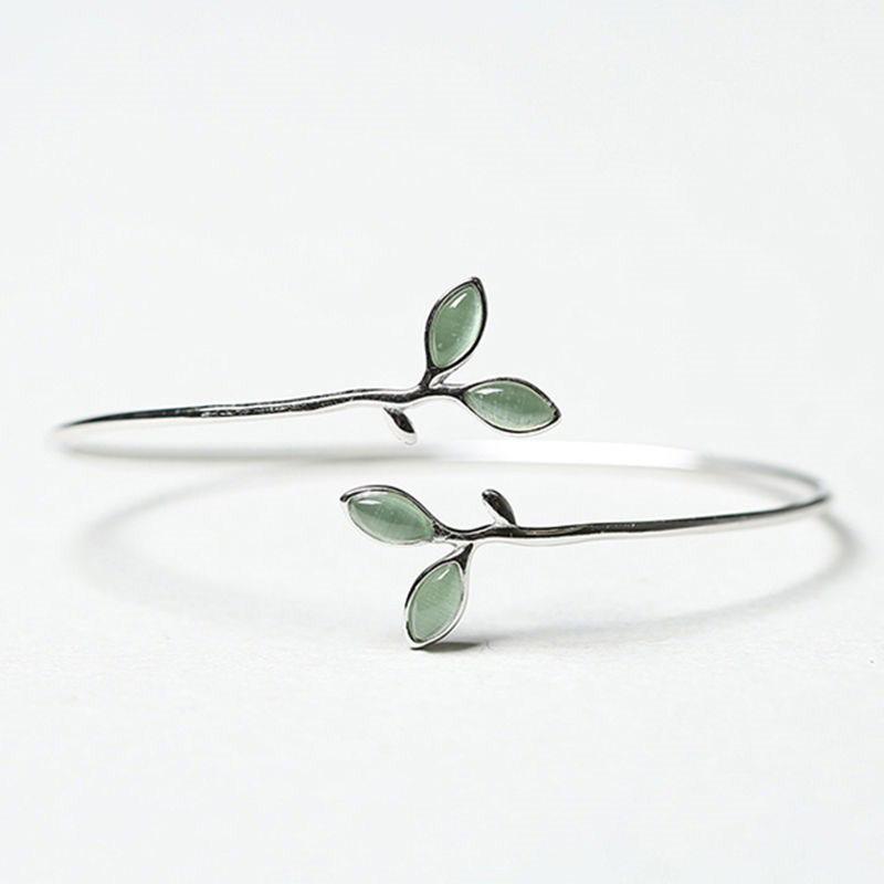 

VENTFILLE 925 Stamp Silver Color Bangle for Women Green Opal Leaf Twigs Branch Jewelry Girls Gift Dropshipping