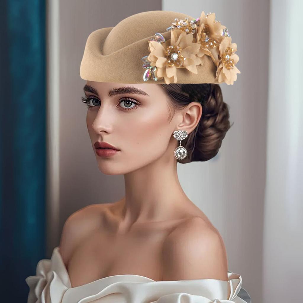 Cappello Pillbox da Donna Fiori Berretti Vintage Britannici in Feltro Cappellino per Chiesa Festa del Tè Accessorio