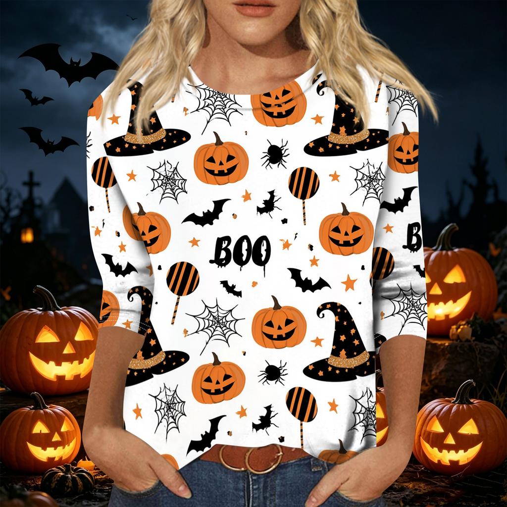 Women's Casual Halloween Print Pullover Top Lightweight Long Sleeve Round Neck Shirt for Fall Seasonal Wear