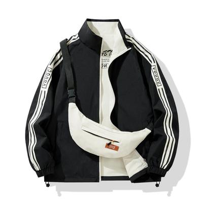 Jacken für Herren Frühling und Herbst Neu Doppelseitige Stehkragenjacke Gestreiftes Gurtbanddesign Kleidung für Herren