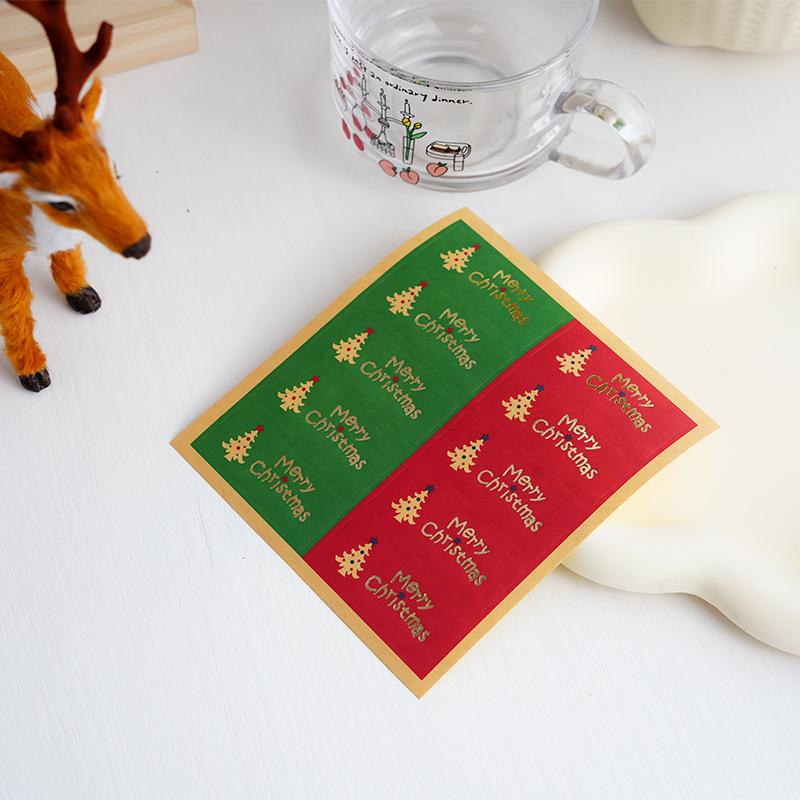 50pcs Vintage Christmas Sealing Stickers,Golden Foil Merry ChristmasTree Designs In Green,Red-Self-Adhesive Kraft Paper Labels