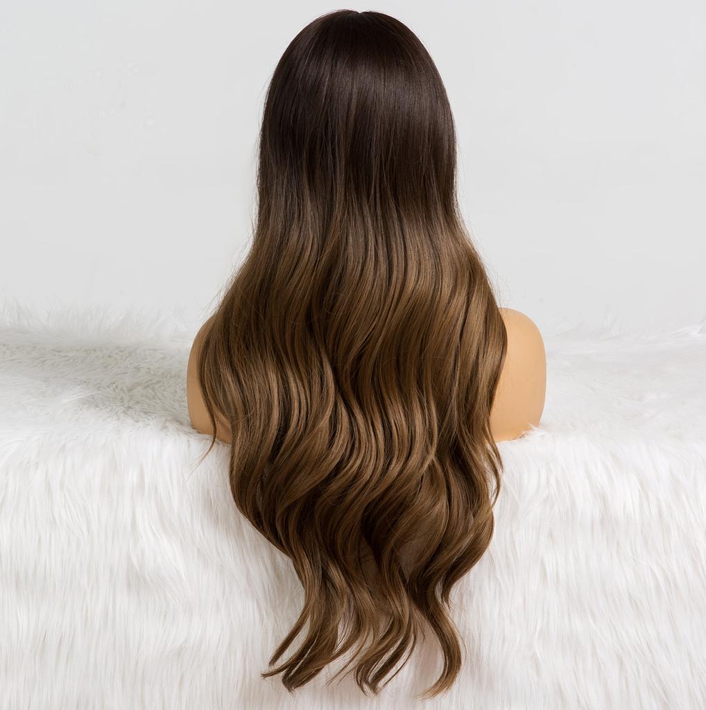 ALAN EATON Long Wavy Ombre Black Dark Brown Wig with Bangs Wave Heat Resistant Synthetic Wigs for Women African American Cosplay