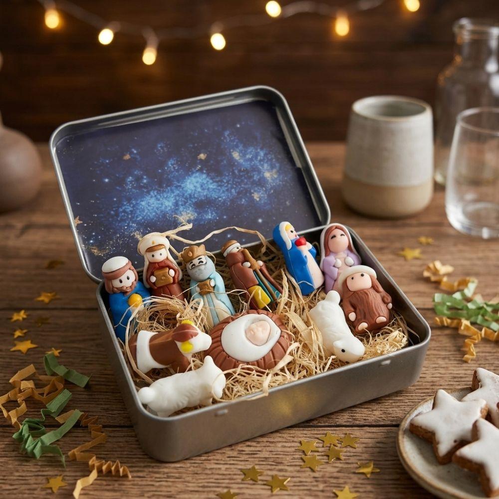 Metal Tin Box Mini Christmas Trough Set Hand Painted Xmas Manger Ornaments Indoor Display