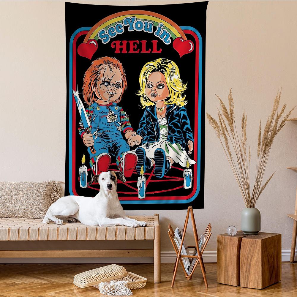 VIKAMA Ghost Baby Chucky Tapestry Bloody Art Living Room Decorative Fabric Horror Movie Theme Bedroom Game Room Tapestry