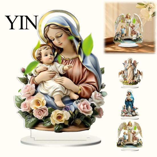 Decorative Desk Ornament Virgin And Angel Ornament, 2D Acrylic Religious with Faith Based Gift Item Base, Catholic Table Centerpiece, Christian
