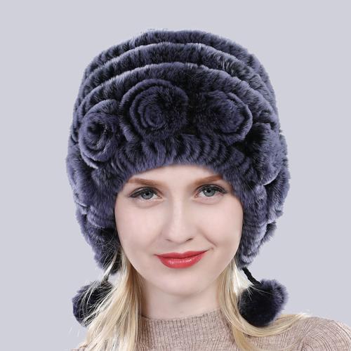 Sale Winter Women Flowers Striped Natural Real Rex Rabbit Fur Hats Lady Warm Knit Genuine Fur Caps Russian Outdoor Fur Hats