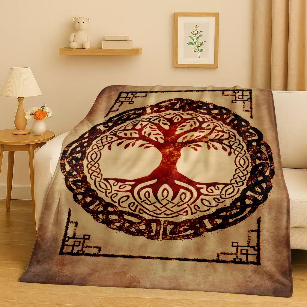 Retro Kleurrijke Levensboom Yggdrasil Keltisch Runen Flanellen Deken, Ultra Zachte Pluche Plaid voor Huis Slaapkamer Bed Bank Cover Kinderen