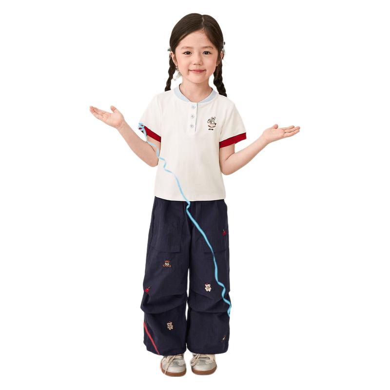 LUSON Girls' Summer Henry Collar Color-block Short Sleeve T-shirt