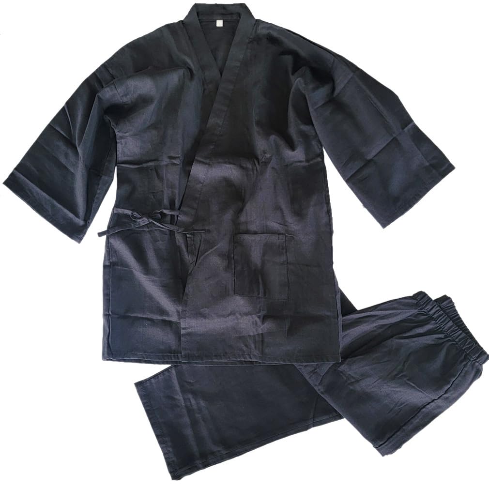Arcade Jinbei Samue Top and Bottom Solid Color with Wave Cool Summer Japanese Size Black Men's Set, 100% Cotton, Pattern, Material, Lightweight,
