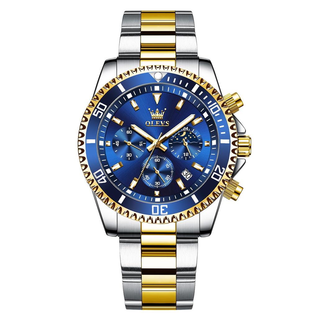 OLEVS Stylish Business Watch Date Metal Easy to Blue Stainless Silver Men's - Quartz, Waterproof, Analog, Display, Band, Casual, Read, Fashionable,