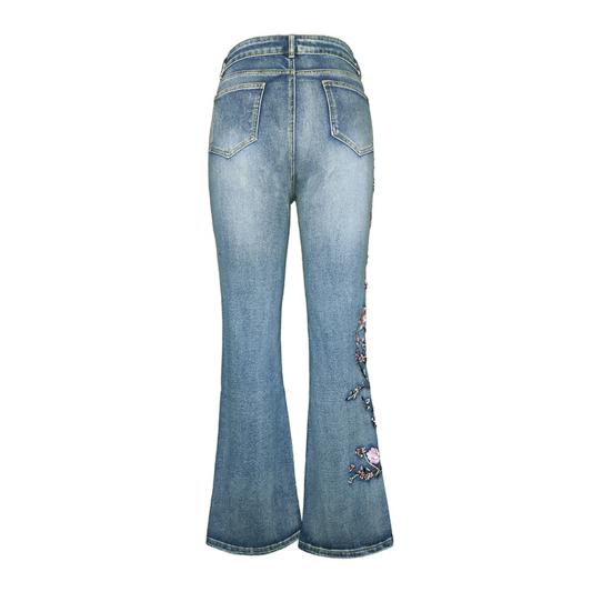 Jeans svasati da donna ricamati a fiori a vita alta jeans a zampa di elefante micro