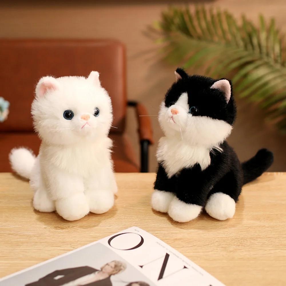 Cute Simulated Sitting Cat Pendant Doll Plush Toy Stuffed Soft Animal White Black Kitten Keychain Doll Birthday Gift