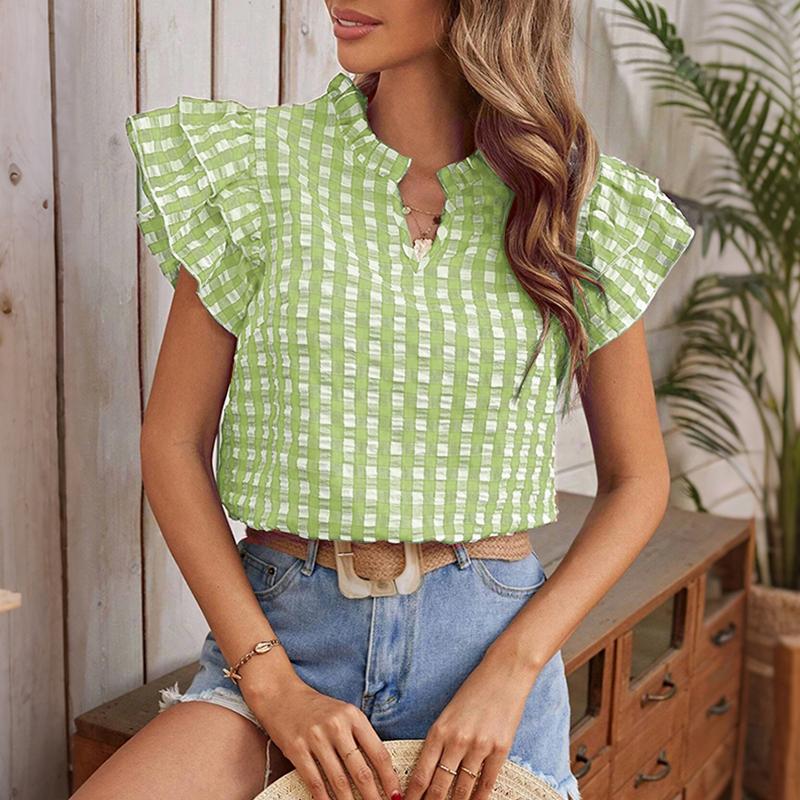 ZANZEA Women Casual V-Neck Plaid Print Cap Sleeve Blouse