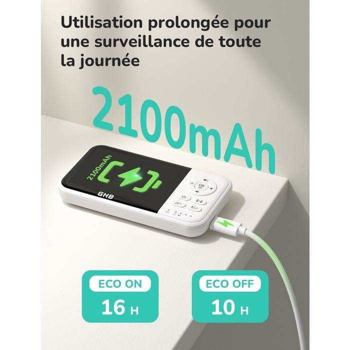 GHB Babyphone Caméra 3,2'' LCD, 2100mAh, Température, Vision Nocturne, Zoom & Audio Bidirectionnel