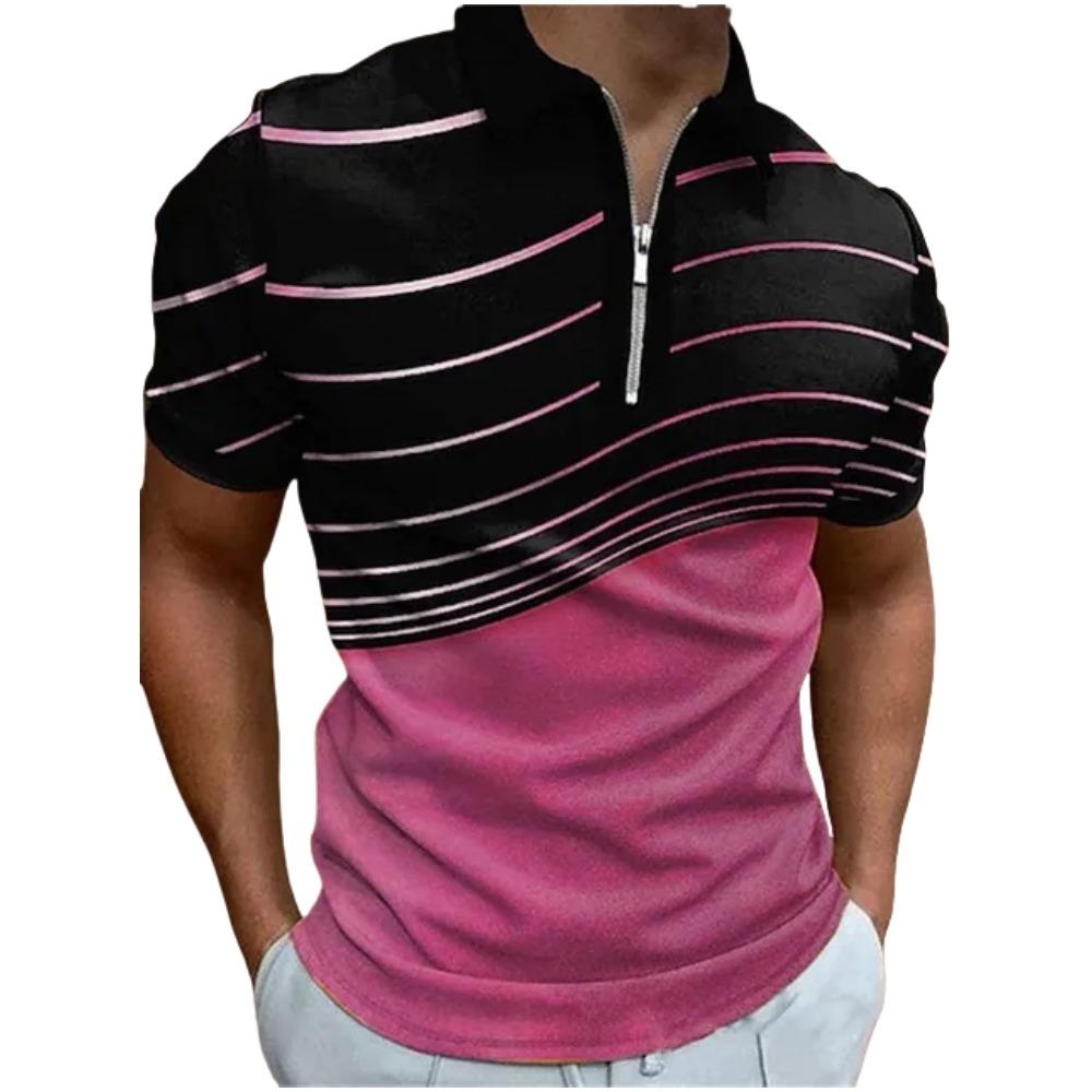 Men's T-shirt Summer Zipper Polo Shirt Stripe Pattern T-shirt Short Sleeve Collar Top Casual