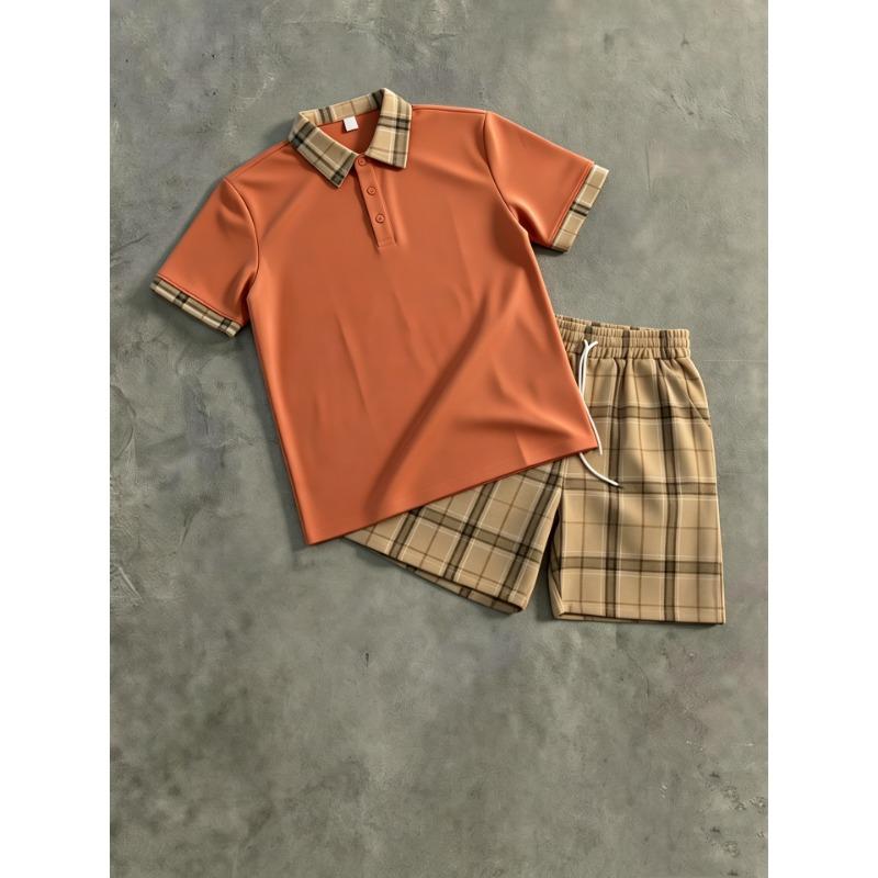 Men Casual Plaid Short Sleeve Polo Shirt And Shorts Outdoor Sports Set