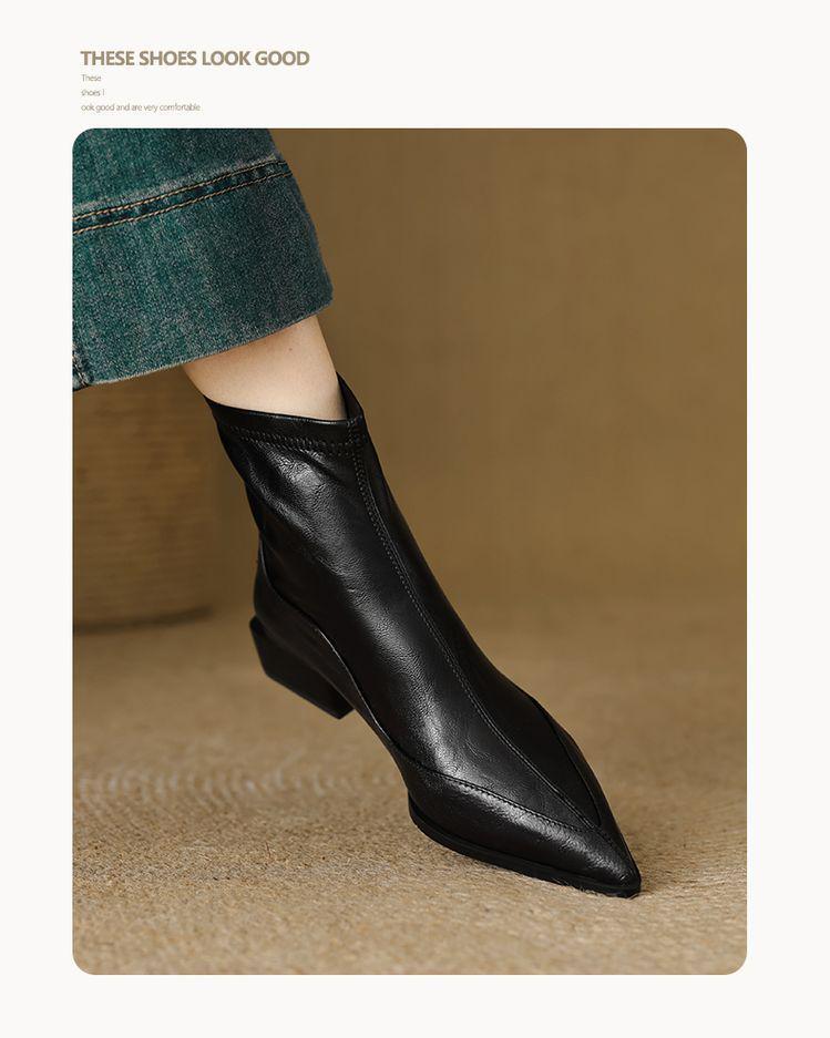 Women's Genuine Leather Sheepskin Ankle Boots - Pointed Toe, Chunky Heel, Back Zipper, 2025 New Stretch Sock Slim Boots