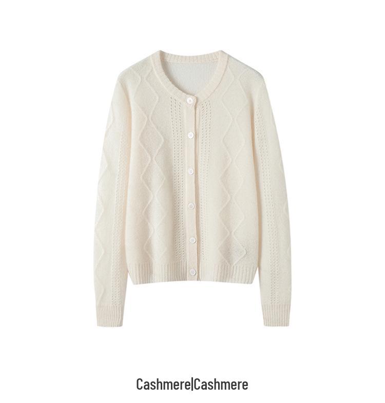 Pure Cashmere Women's V-Neck Cardigan with Elegant Hollow Diamond Pattern for Autumn/Winter