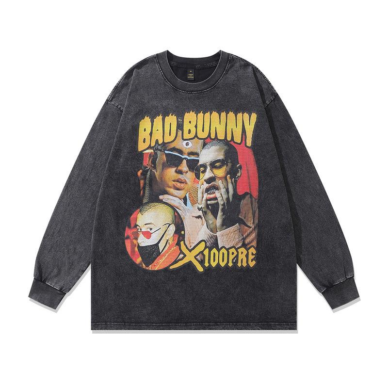 European, American High Street Retro Washed Old Hip-Hop Bottoming Shirt Loose Digital Direct Injection Printing Long-Sleeved T-Shirt Men