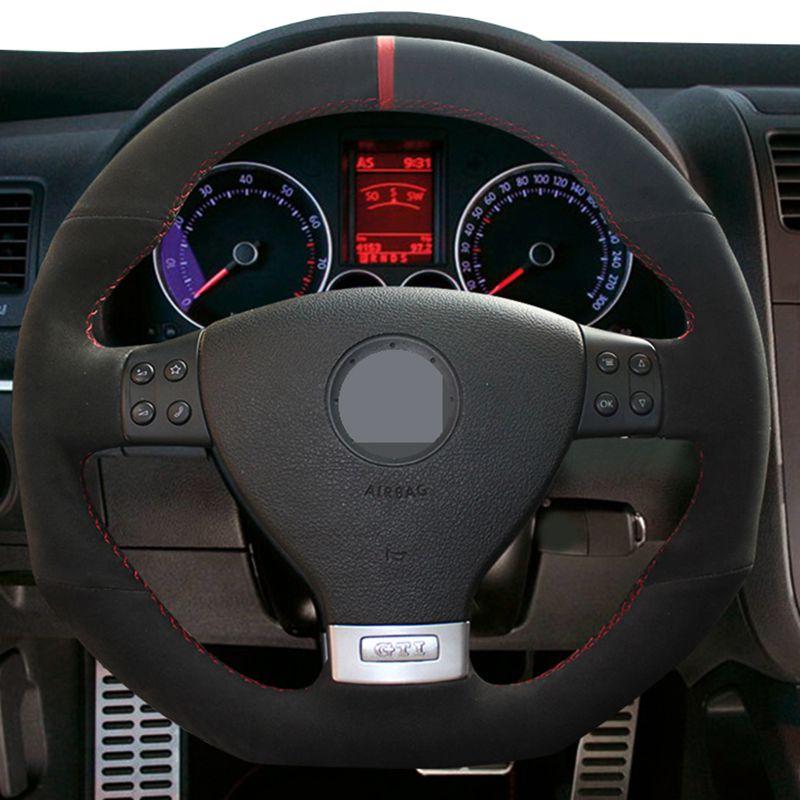 Hand-gestikt Zacht Zwart Suede Auto Stuurhoes Voor Volkswagen VW Golf GTI 5 V R32 Scirocco Tiguan passat Variant