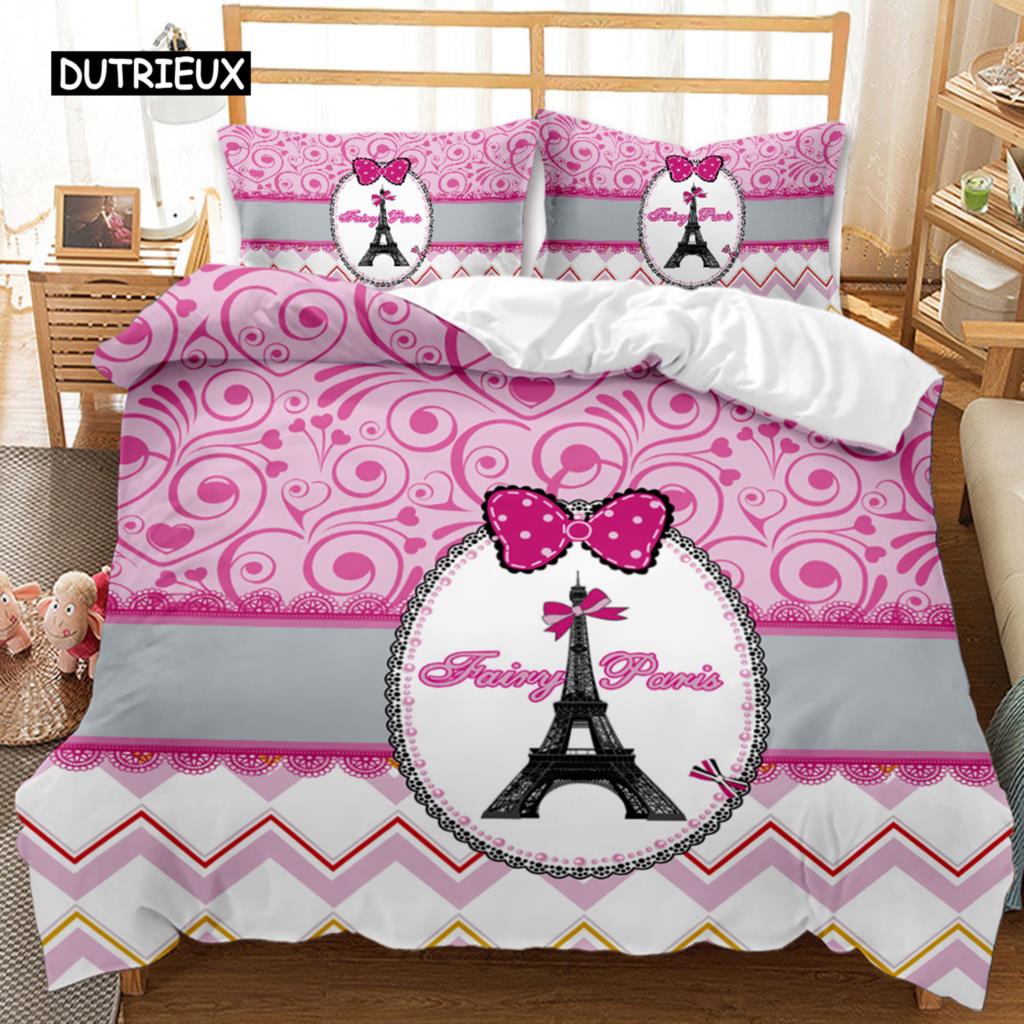 British Style Duvet Cover Set Cartoon Small Fresh I Love Paris Bedding Set for Kid Teen Polyester Paris Street Scene Quilt Cover