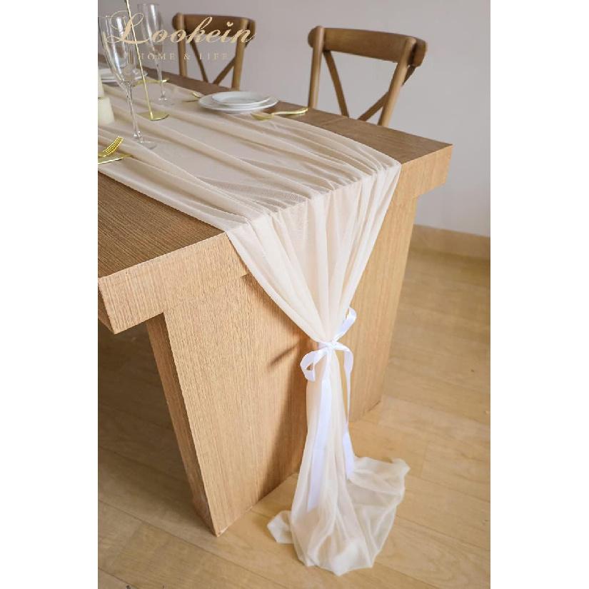 Lookein 10 Feet Champagne Chiffon Table Runner Sheer Wedding Table Cloth 29x120 Inches Rustic Wedding Decorations French Chiffon Table Runner