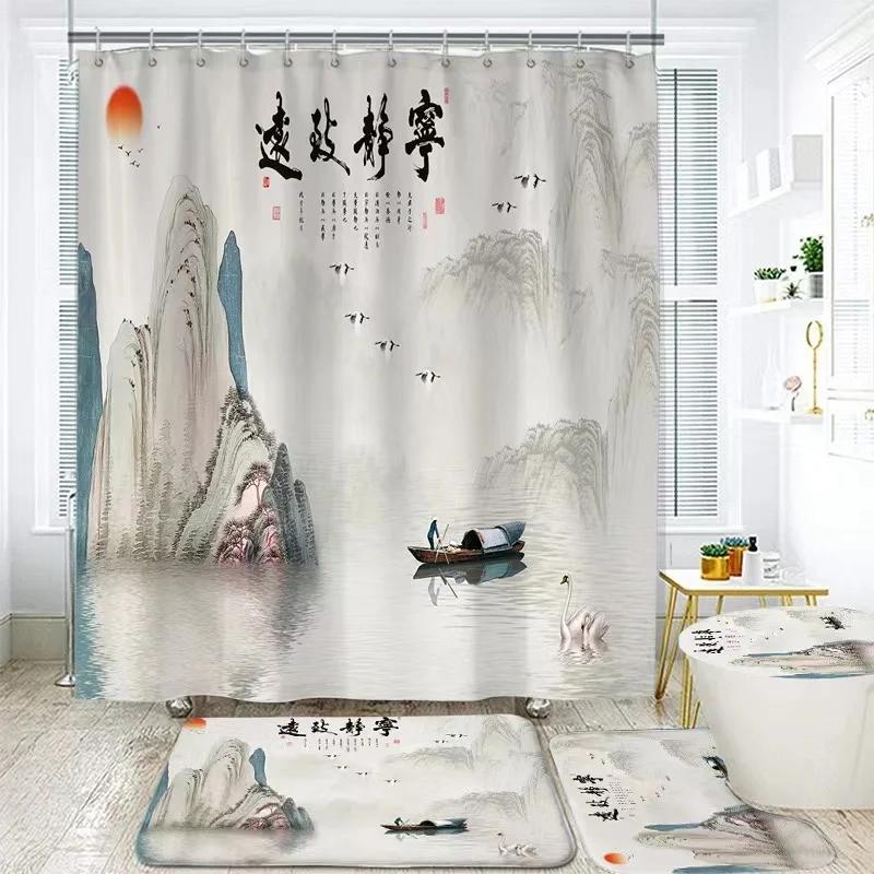 Landscape Ink Bamboo Painting Shower Curtains Chinese Style Bathroom Accessories Partition Waterproof Bath Curtains Rugs,Mat Set