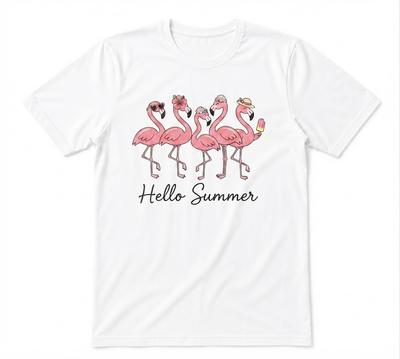 Hello Summer Flamingo Vacation Summer Funny Tee Unisex White T-shirt