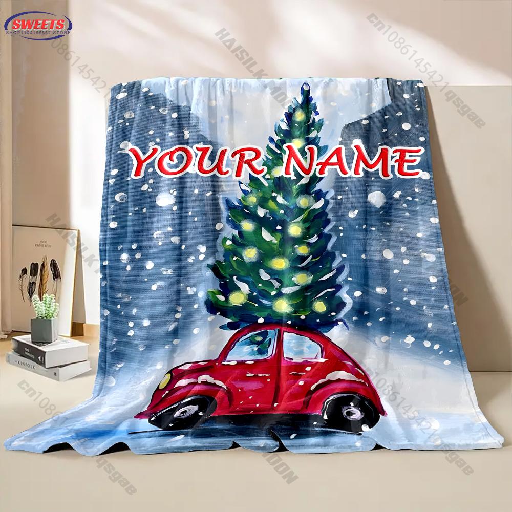 Custom Name Red Car Christmas Tree Blanket, Christmas Flannel Throw Blanket, Holiday Gift For Family