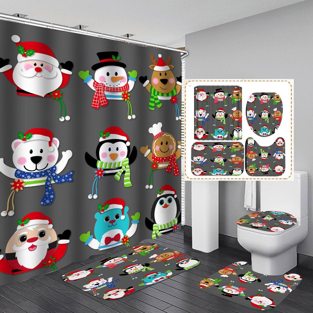 Ensemble Salle De Bain De Noël 4 Pièces - Rideau De Douche, Tapis, Dessus De Toilette, Paillasson