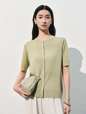 Mulberry Silk Minimalist Slim-Fit Round Neck T-Shirt Short-Sleeved Knit Cardigan - Spring/Summer New Five-Quarter Sleeve Top