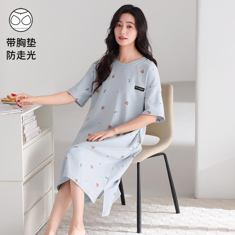 With Chest Pad~ Casual Nightdress Women's Summer Thin Cotton Short-sleeved Striped Medium and Long Dress Large Size Loungewear 55kg