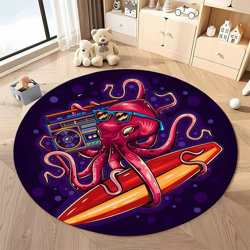 Retro Octopus Surfing Boombox Round Rug 80s Vibe Cartoon Non-Slip Area Carpet for Kids Room Living Room Home Decor Mat Diameter -60cm