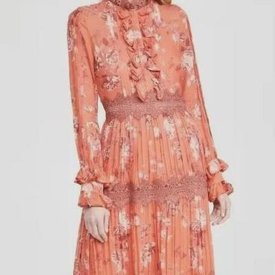Abito Chiffon Floreale a Vita Alta - Elegante Gonna Lunga Primaverile con Delicati Motivi Floreali Idrosolubili e Maniche Lunghe