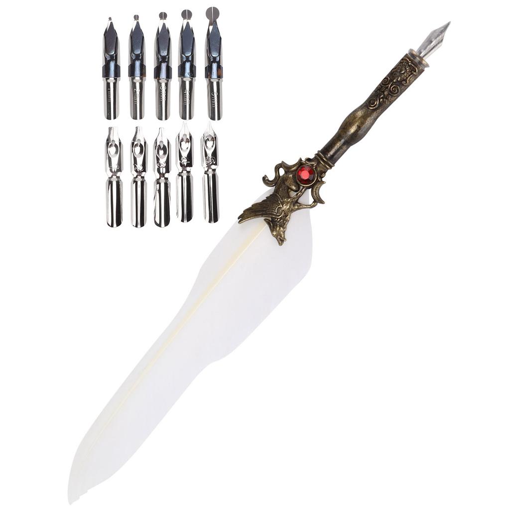 Feather Pen Craft Retro Carved Stainless Steel Dip Pencil for Signature Gift Table DecorationWhite