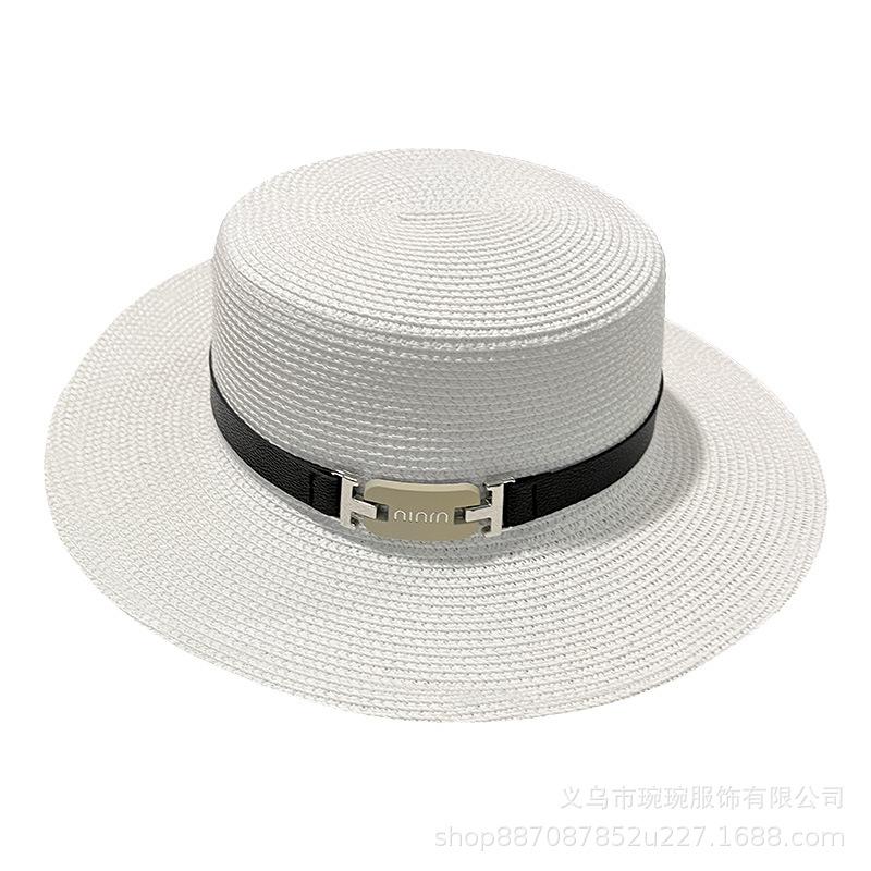 French retro straw hat women's sunshade sunscreen summer hat sun hat belt buckle outdoor woven Hepburn top hat