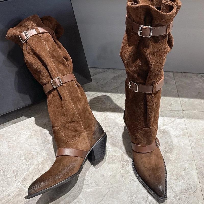 Autumn and winter new fashionable high-heeled metal belt buckle pointed western cowboy boots women's pleated thick-heeled women's boots