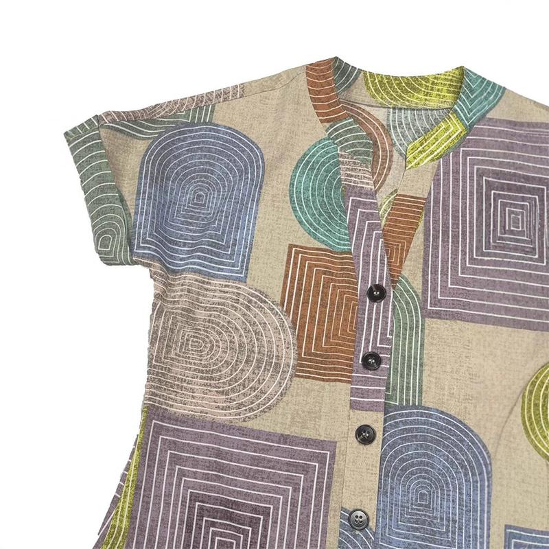 European and American Women's Clothing Foreign Trade Amazon Summer Geometric Printing Elegant V-neck Button Up Dress